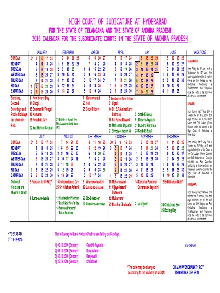 Andhra Pradesh High Court Calendar,2016 Traditions Religious Holidays