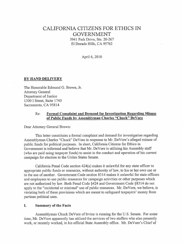 CA Attorney General Complaint Against Chuck Devore PDF