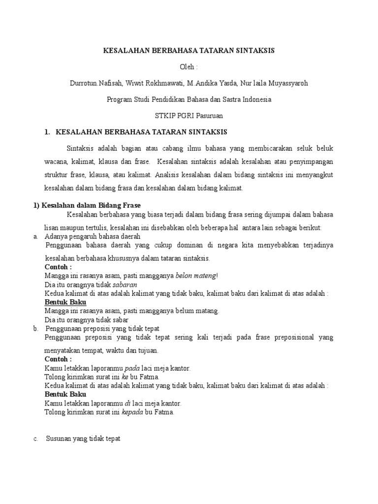 Kesalahan Berbahasa Tataran Sintaksis Pdf