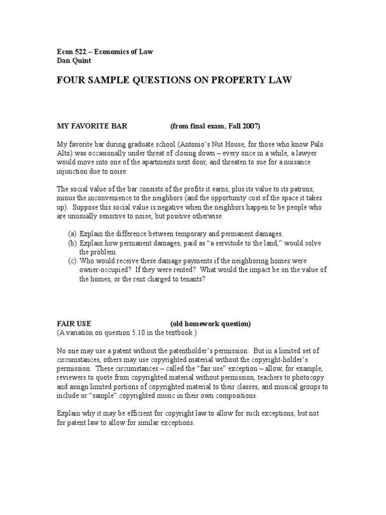 Sample Questions On Property Law-2 | PDF | Adverse Possession | Fair Use