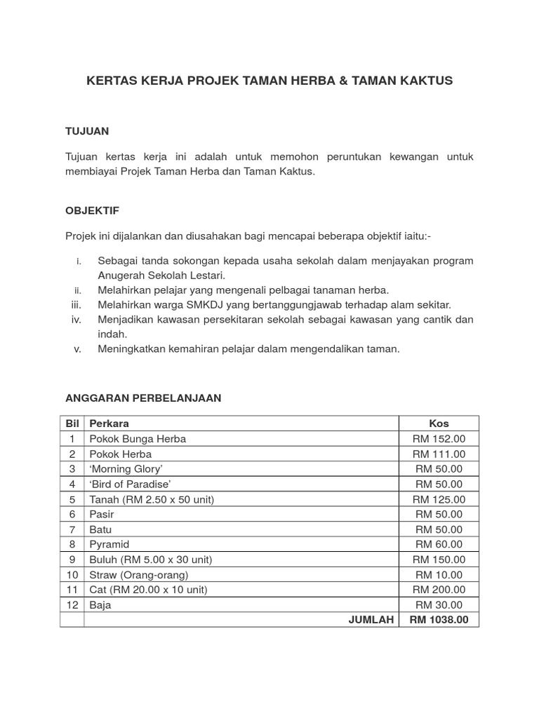 Kertas Kerja Projek Taman Pdf