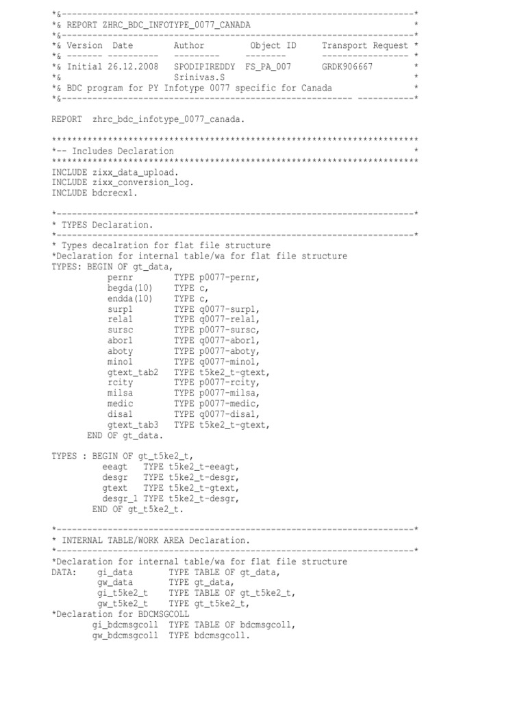 BDC Program for Canada Infotype 0077 | PDF | Subroutine | Computer ...