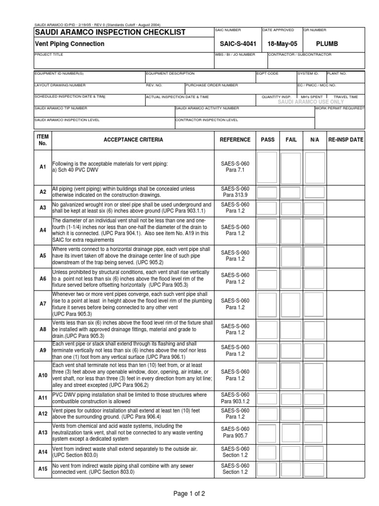 Saudi Aramco Inspection Checklist: Vent Piping Connection SAIC-S-4041 ...