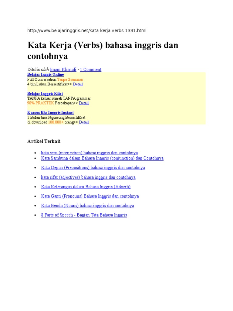 Kata Kerja Verbs Bahasa Inggris Dan Contohnyadoc