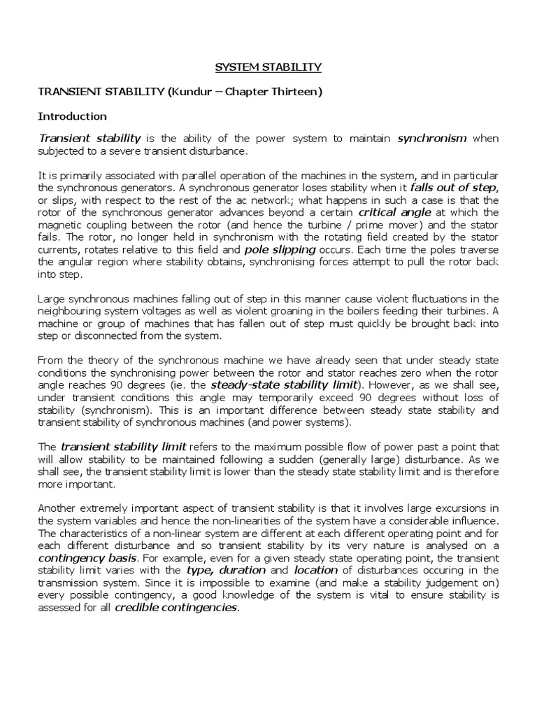 Transient Stability Notes of Kundur PDF Steady State Torque