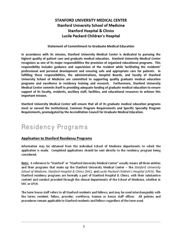 Stanford Graduate Medical Education Guide | PDF | Residency (Medicine ...