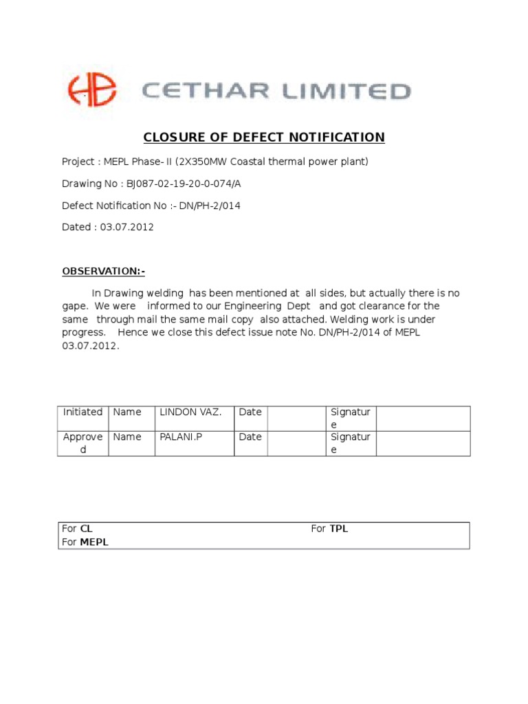 Closure of Defect Notification | PDF