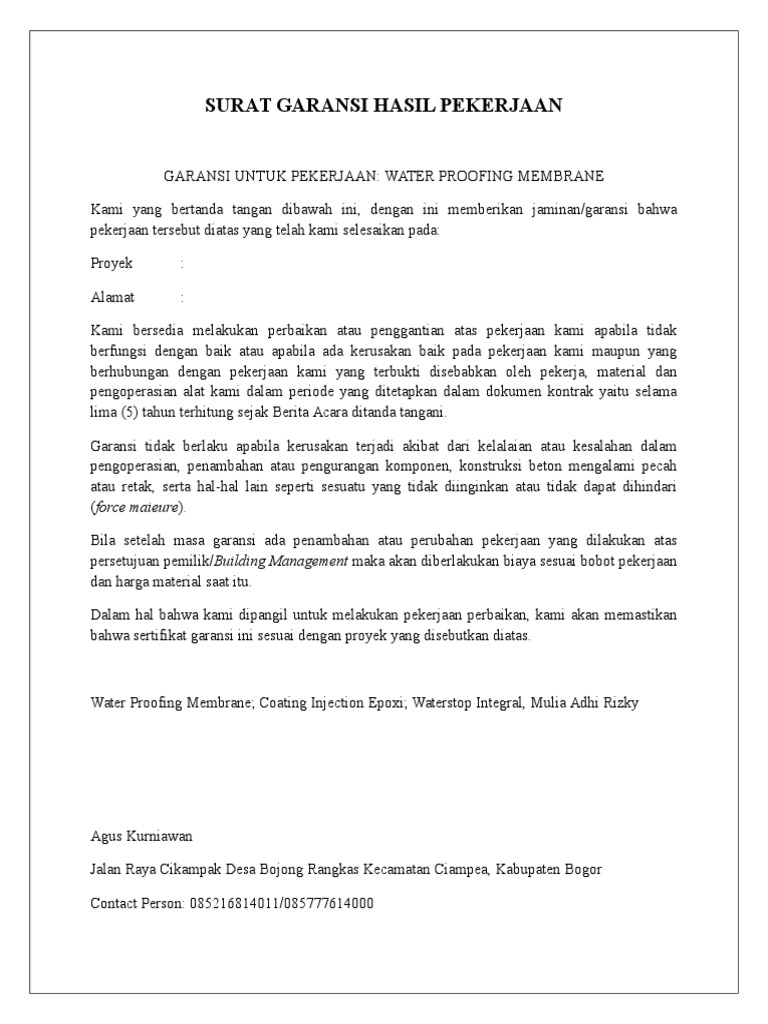 Contoh Surat Garansi Hasil Pekerjaan