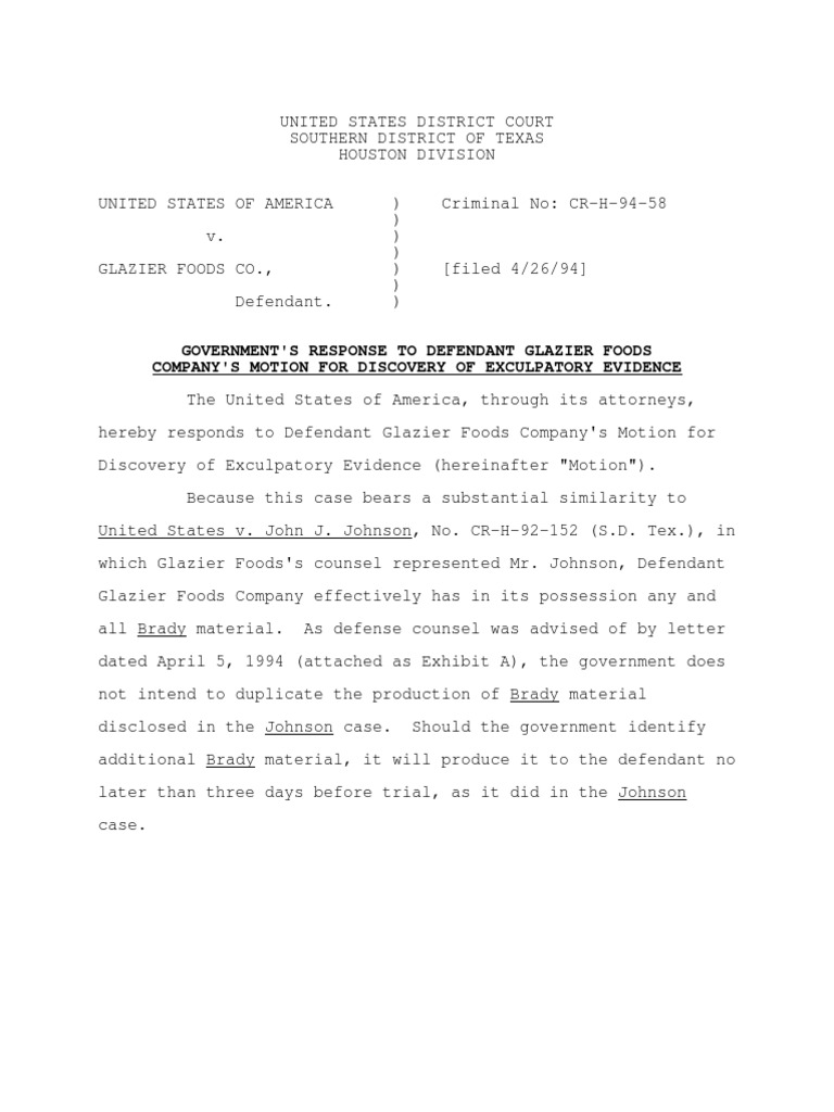 Government'S Response To Defendant Glazier Foods Company'S Motion For
