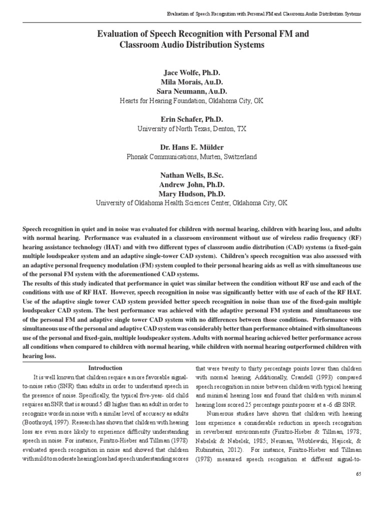 Evaluation of Speech Recognition With Personal FM and Classroom Audio ...