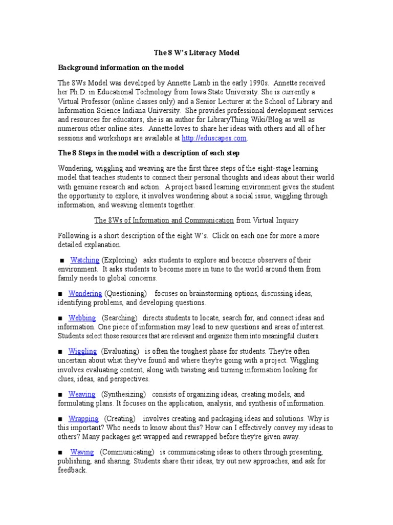 8 W's Model of Information Literacy | PDF | Educational Technology ...