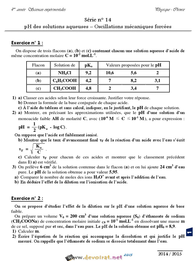 Controle Physique Chimie Seconde Solution Aqueuse