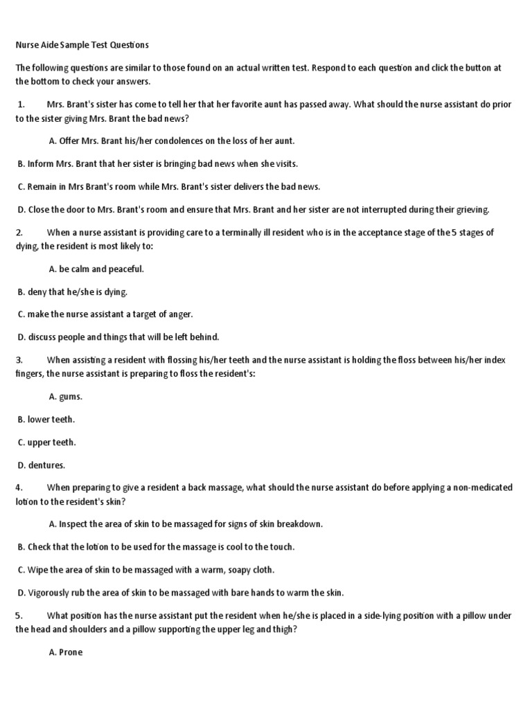 Nurse Aide Sample Test Questions | PDF