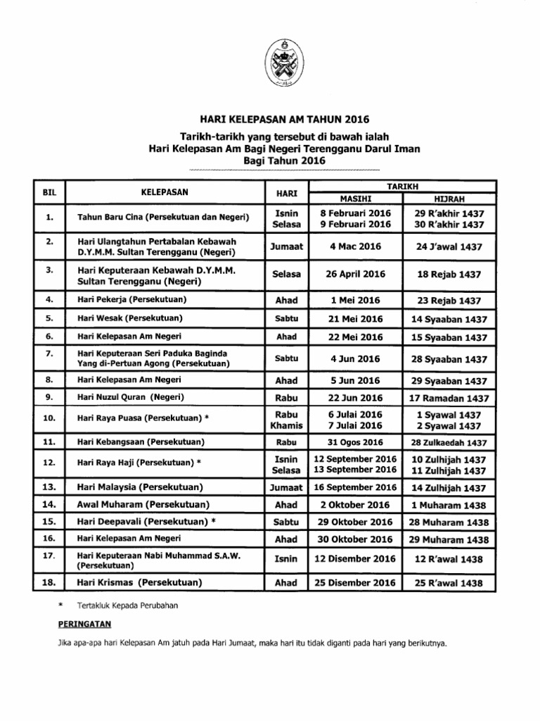 Kalendar Cuti Umum Terengganu 2016  PDF