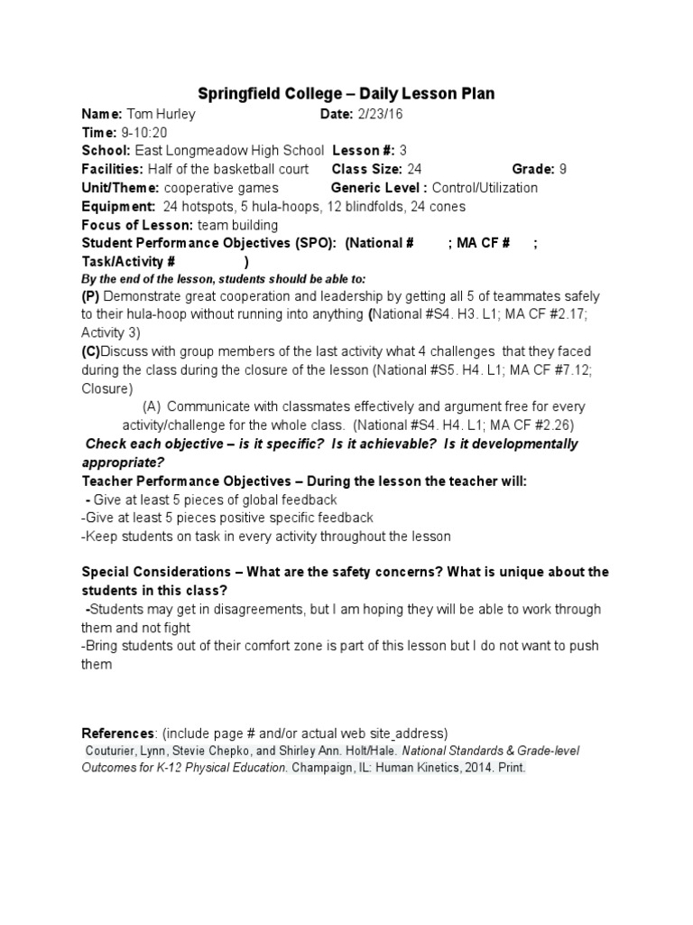 Cooperative Games Lesson Plan for PE | PDF | Teachers | Cognition