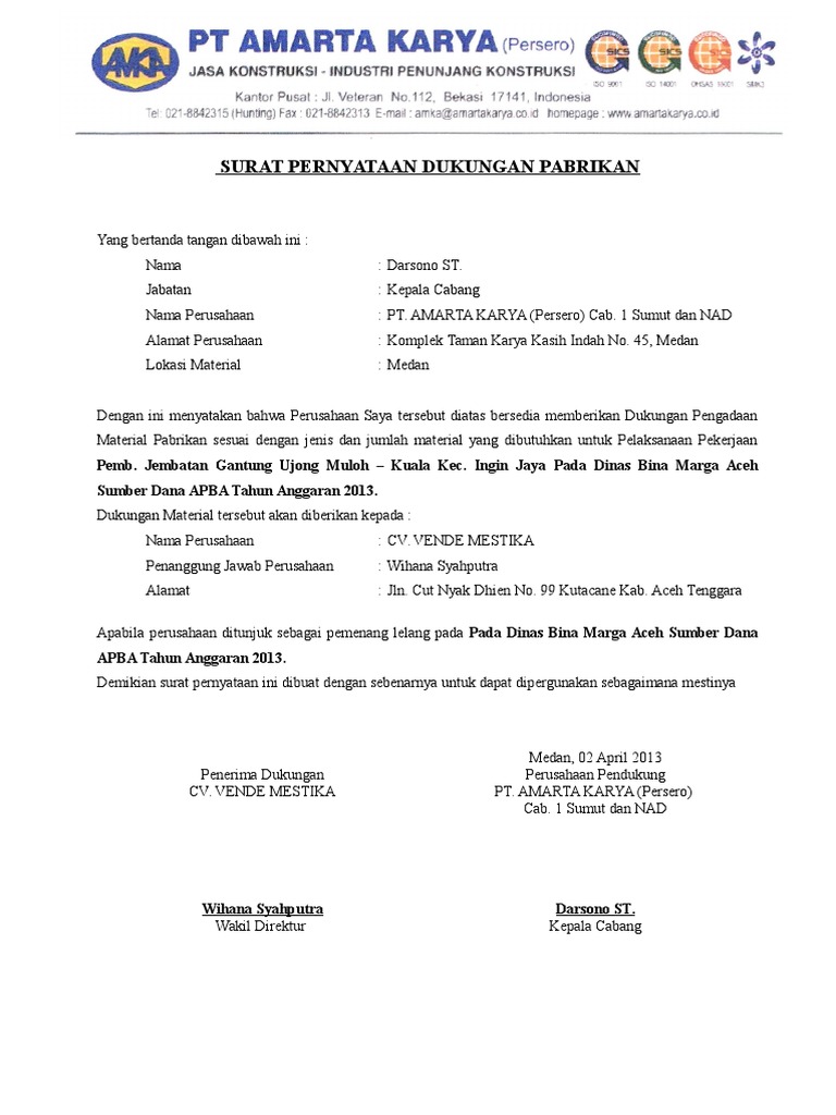 Surat Pernyataan Dukungan Pabrikan Aulia