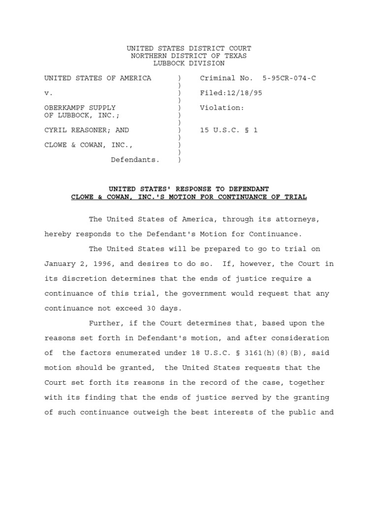 United States' Response To Defendant Clowe & Cowan, Inc.'S Motion For