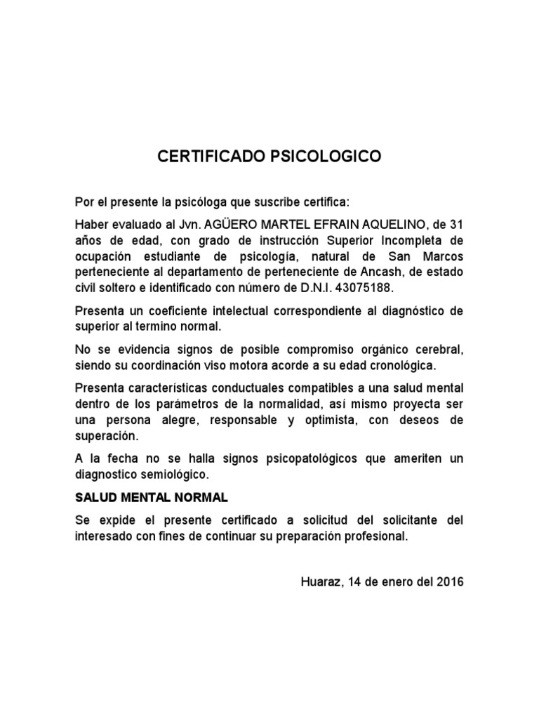 CERTIFICADO PSICOLOGICO