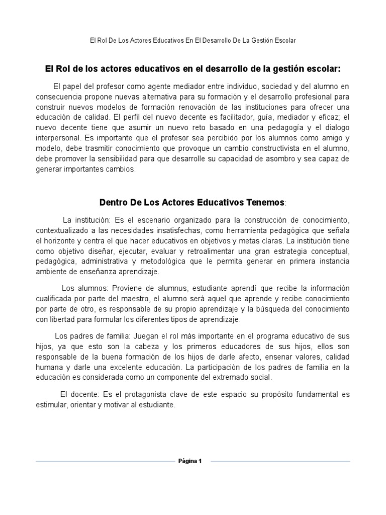 Actores Educativos y su Rol en Gestión Escolar | PDF | Plan de estudios ...