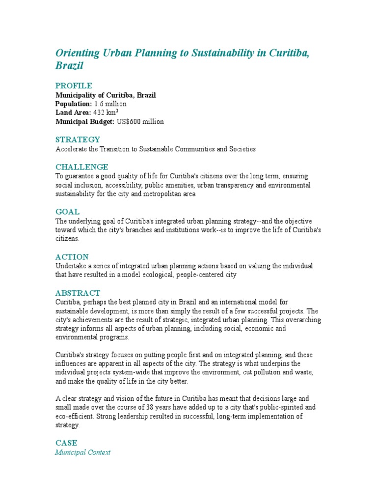 Orienting Urban Planning To Sustainability in Curitiba | PDF ...