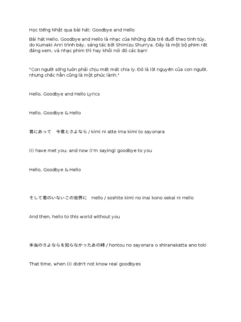 Học Tiếng Nhật Qua Bai Hat Goodbye And Hello