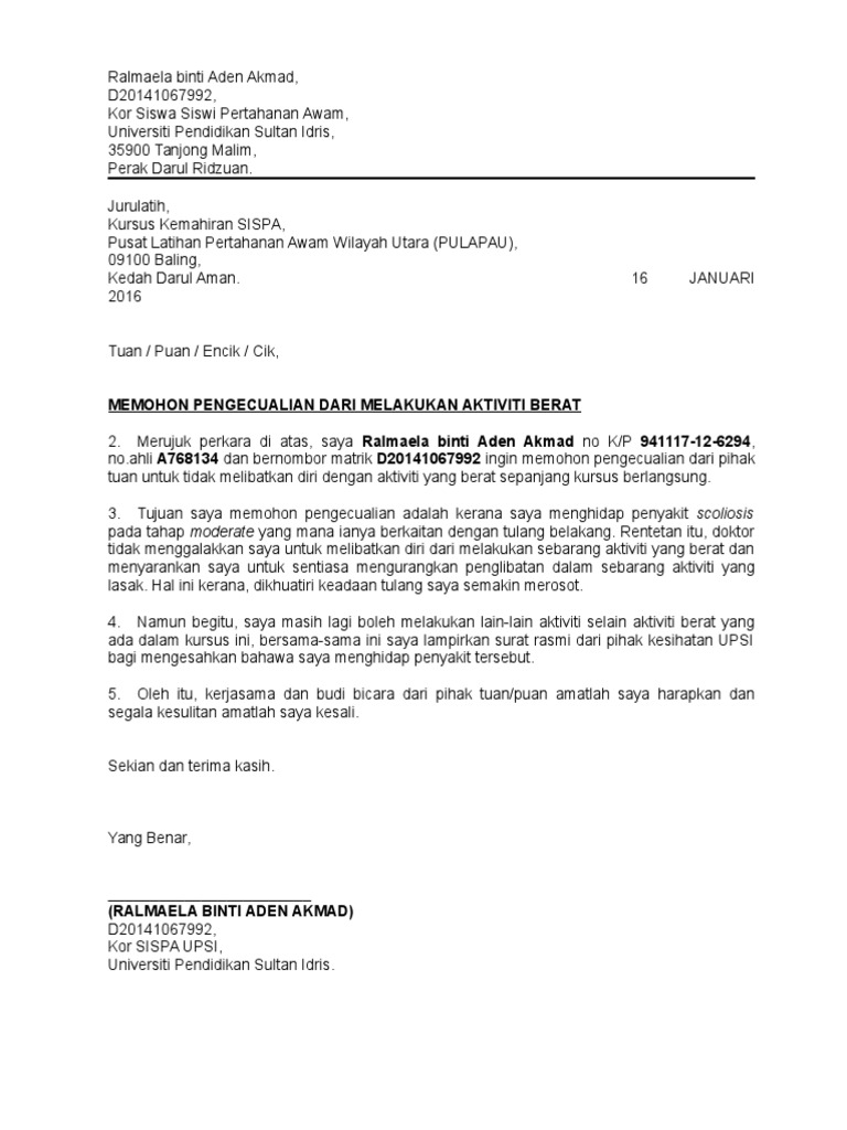 Contoh Surat Pengecualian