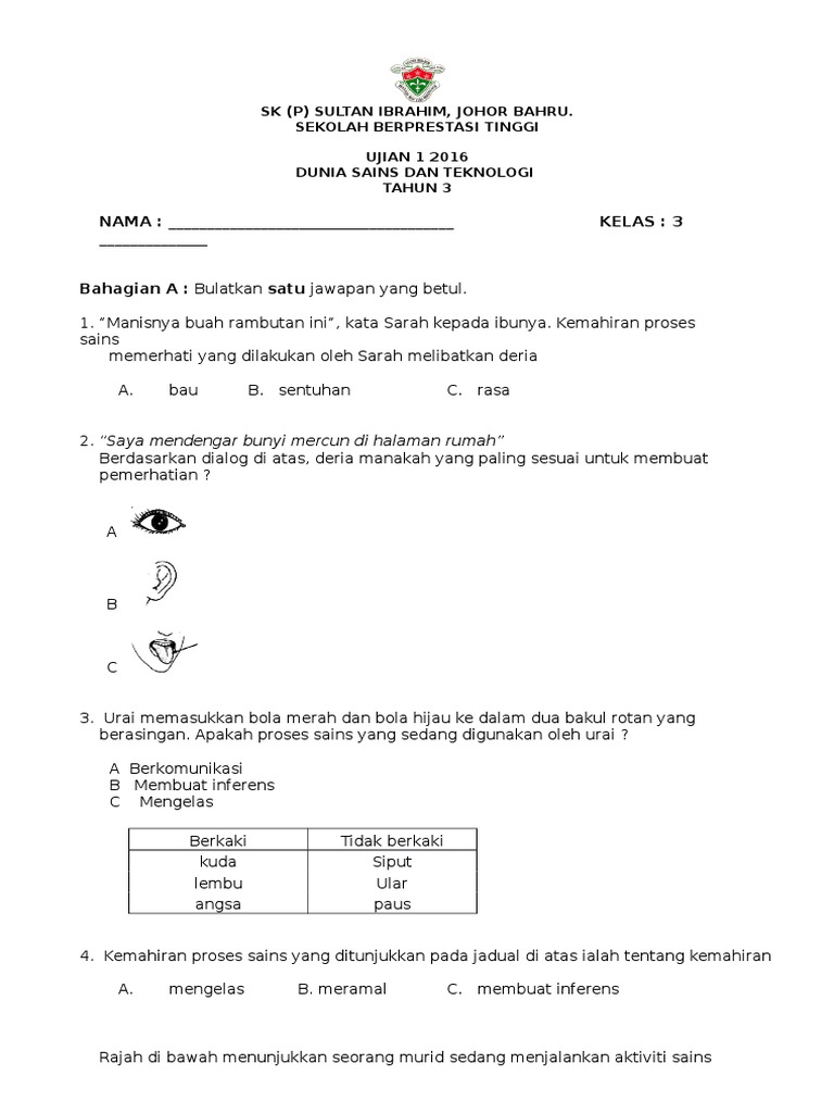 Soalan Ujian Bulan Mac Sains Tahun 5 2019 - J Kosong s