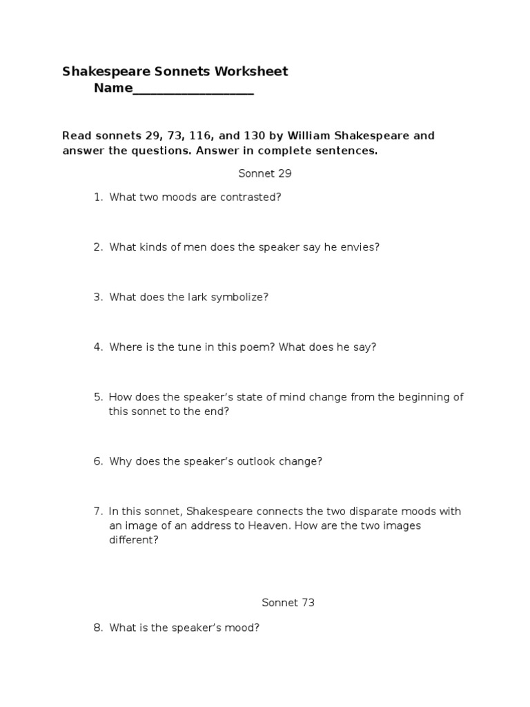 Shakespeare Sonnets Worksheet Poetry Sonnets