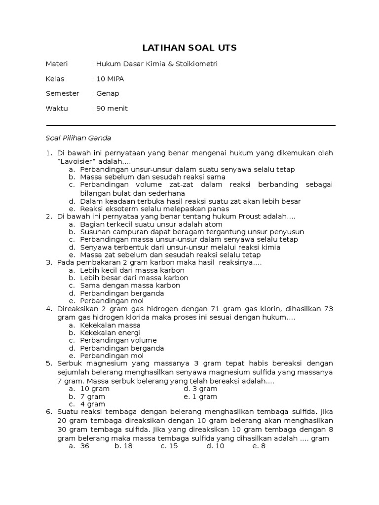 Latihan Soal Kimia Dasar Stoikiometri Pdf - Jawaban Guru