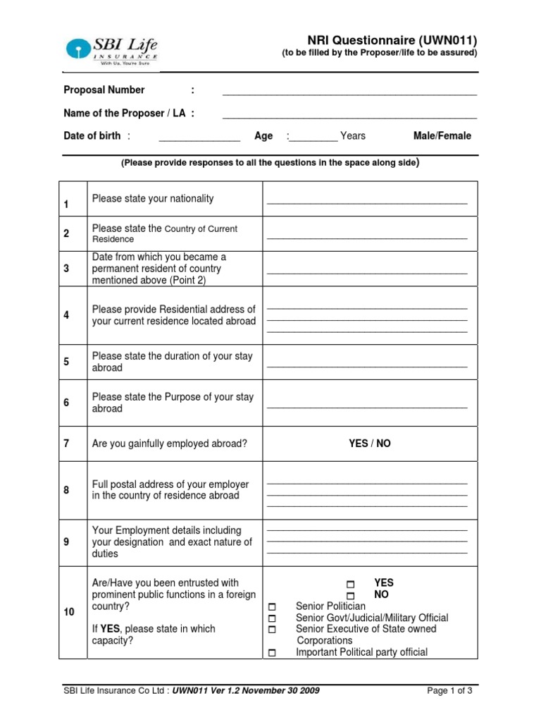 NRI Life Insurance Questionnaire Form | PDF | Life Insurance | Insurance