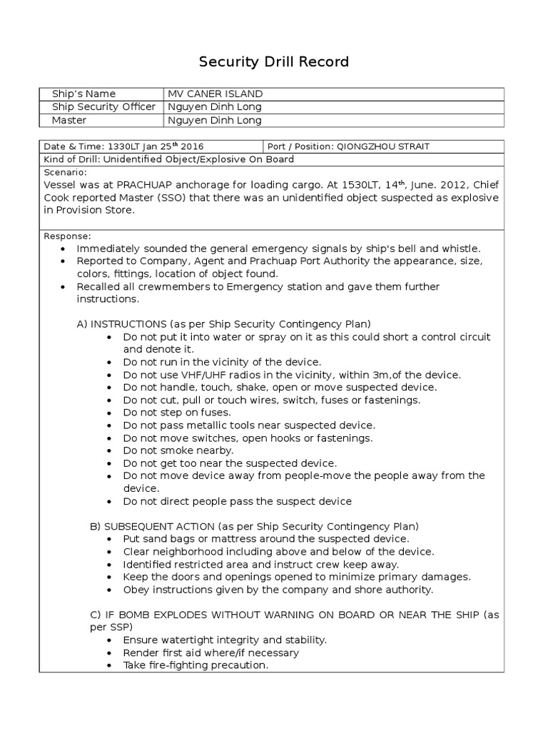 Security Drill Record Unidentified ObjectExplosive on Board 010311 Shipping Water Transport
