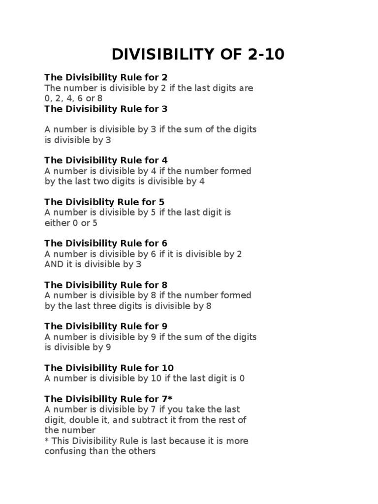 Divisibility Rules for Numbers 2-10 | PDF