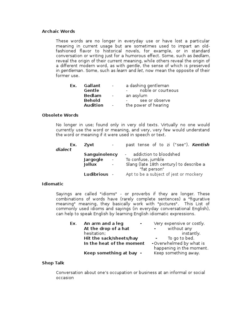 Examples of Archaic Words and Meanings | PDF | Language Arts & Discipline