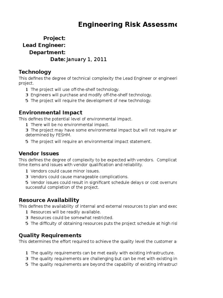 Engineering Risk Assessment Project Lead Engineer Department Date