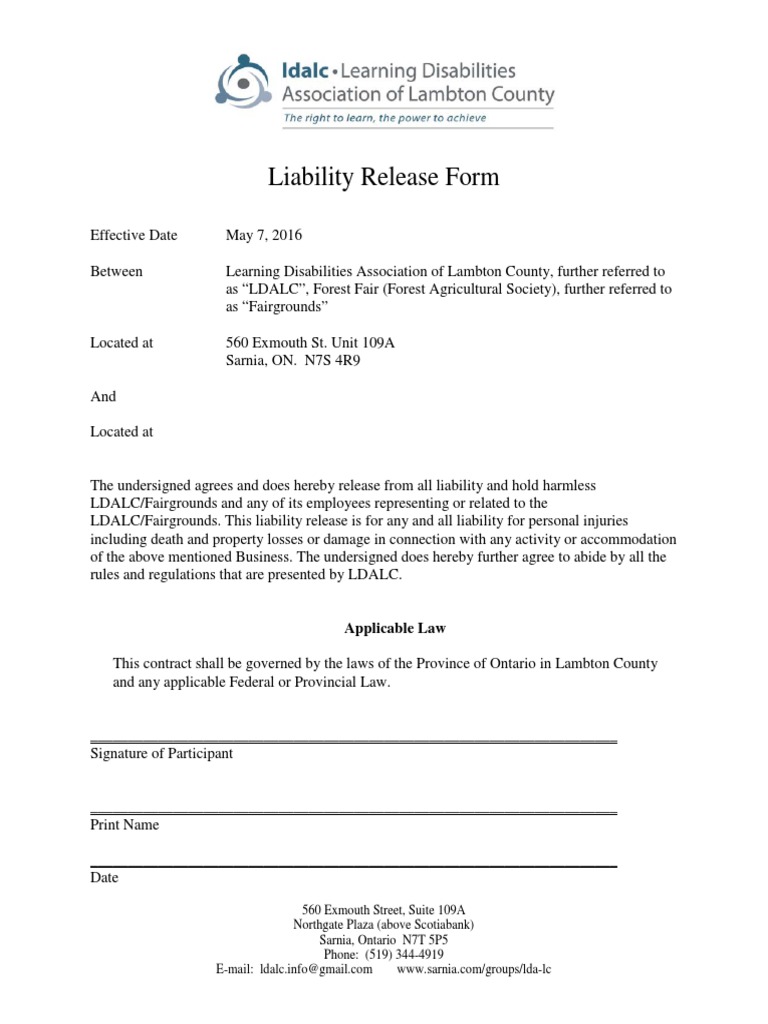 Liability Release Form: Applicable Law | PDF | Finance & Money ...