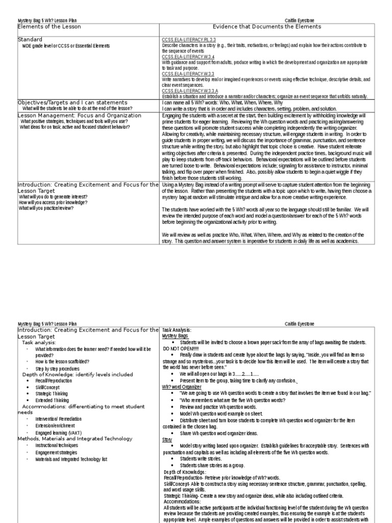 Mystery Bag 5 Wh? Writing Lesson Plan | PDF | Lesson Plan | Question