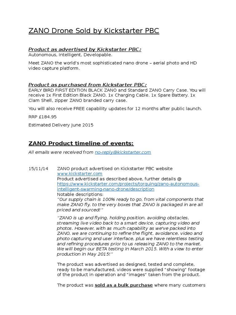 ZANO Drone Sold by Kickstarter PBC PDF You Tube Unmanned Aerial