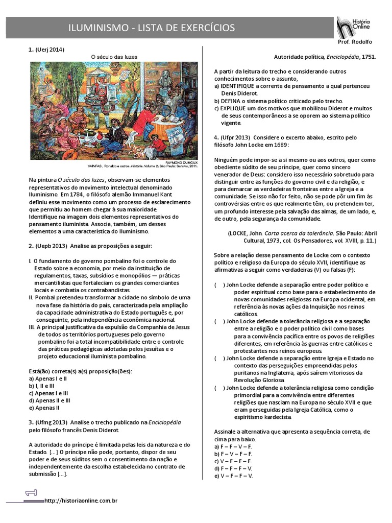 Exercícios sobre Iluminismo e Pensadores | PDF | Iluminismo | Jean ...