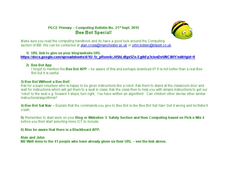 PGCE Primary Computing Bulletin: Bee Bot Tips | PDF | Career & Growth ...