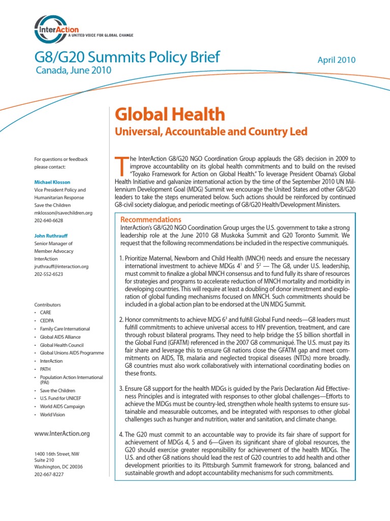 G8 Health Commitments and MDGs Action Plan | PDF | Millennium ...