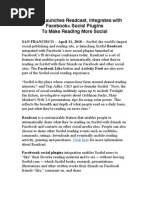 Download Scribd Launches Readcast Integrates with Facebook Social Plugins To Make Reading More Social by Scribd SN30301540 doc pdf
