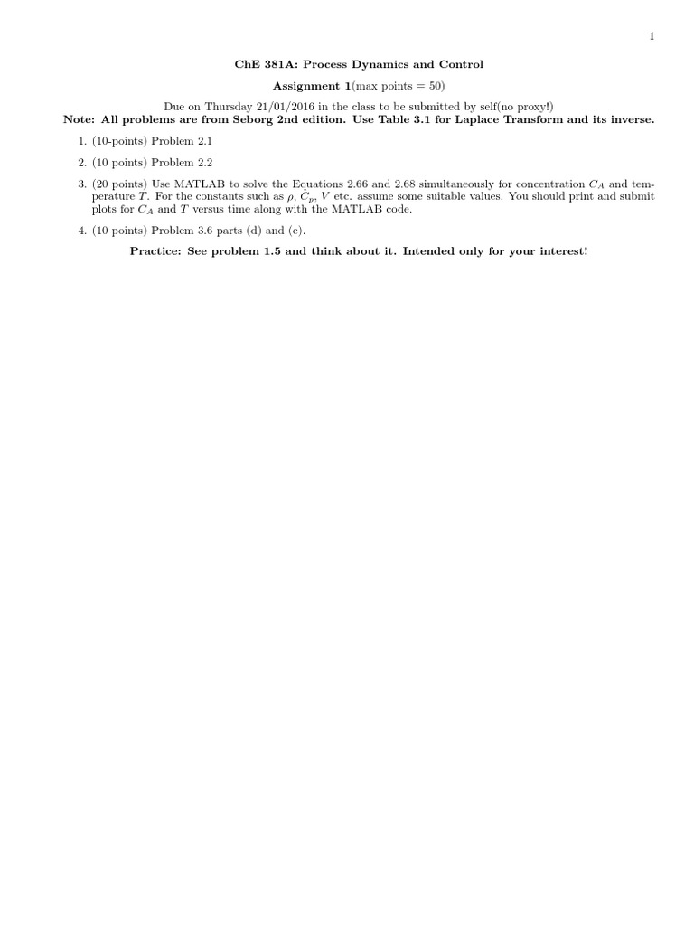ChE 381A Assignment 1: Dynamics & Control | PDF | Teaching Methods ...