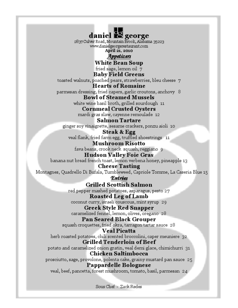 Daniel George Restaurant Menu | PDF | Cooking, Food & Wine