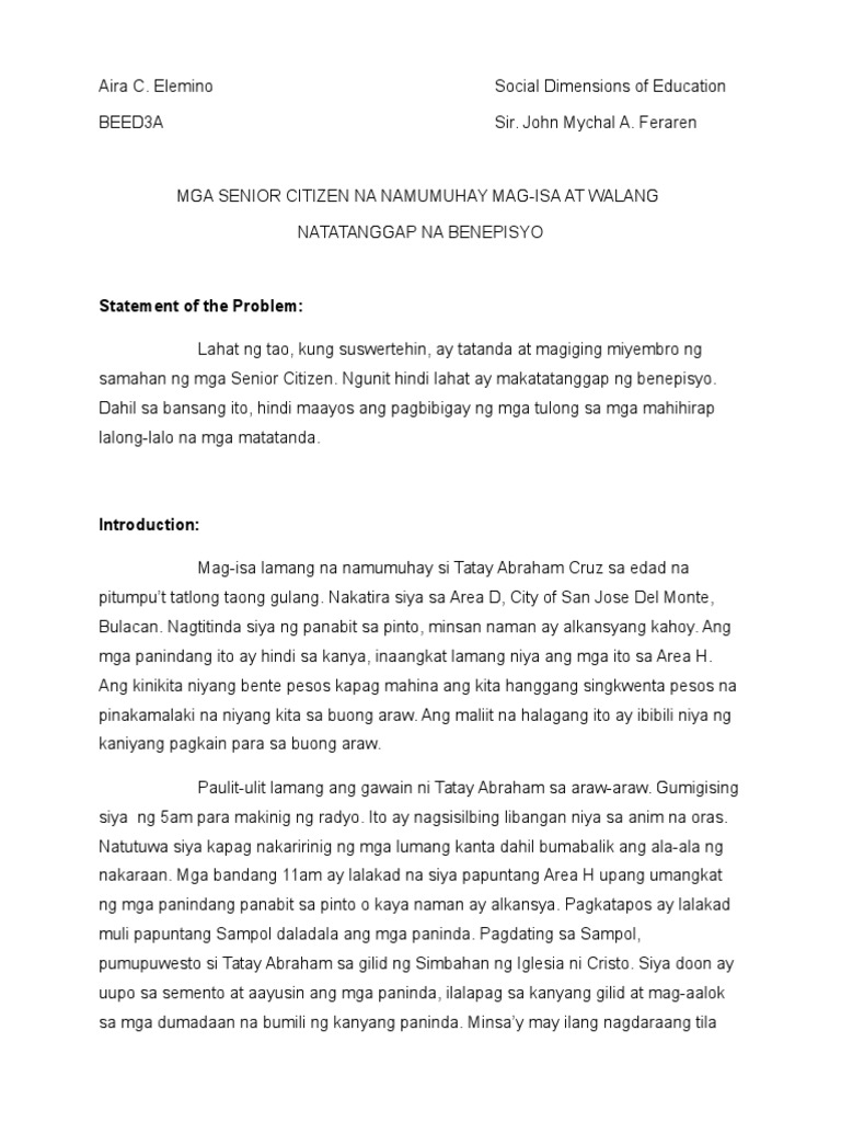 Case Study Tungkol Sa Mga Senior Citizen Na Naninirahan Mag-Isa | PDF