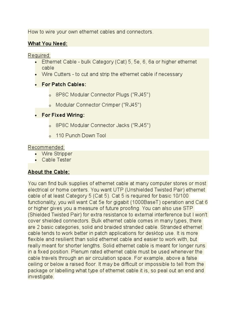 Ethernet Cable Wiring Guide | PDF | Electrical Connector | Computer Network