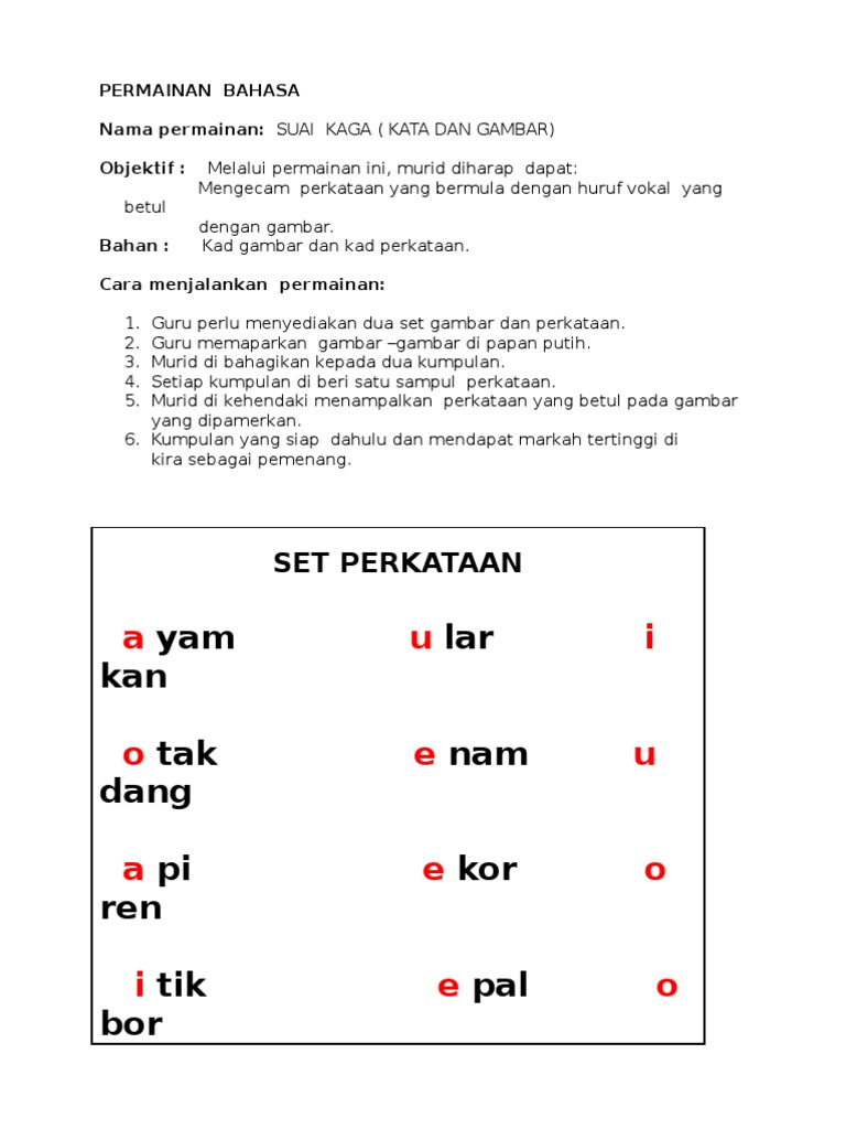 Permainan Bahasa Kemahiran 3 Huruf Vokal Pdf