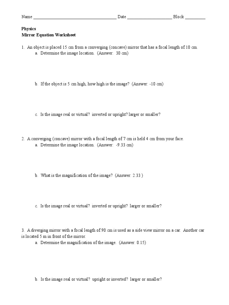 Mirror Equation Worksheet Glass Applications Electrodynamics