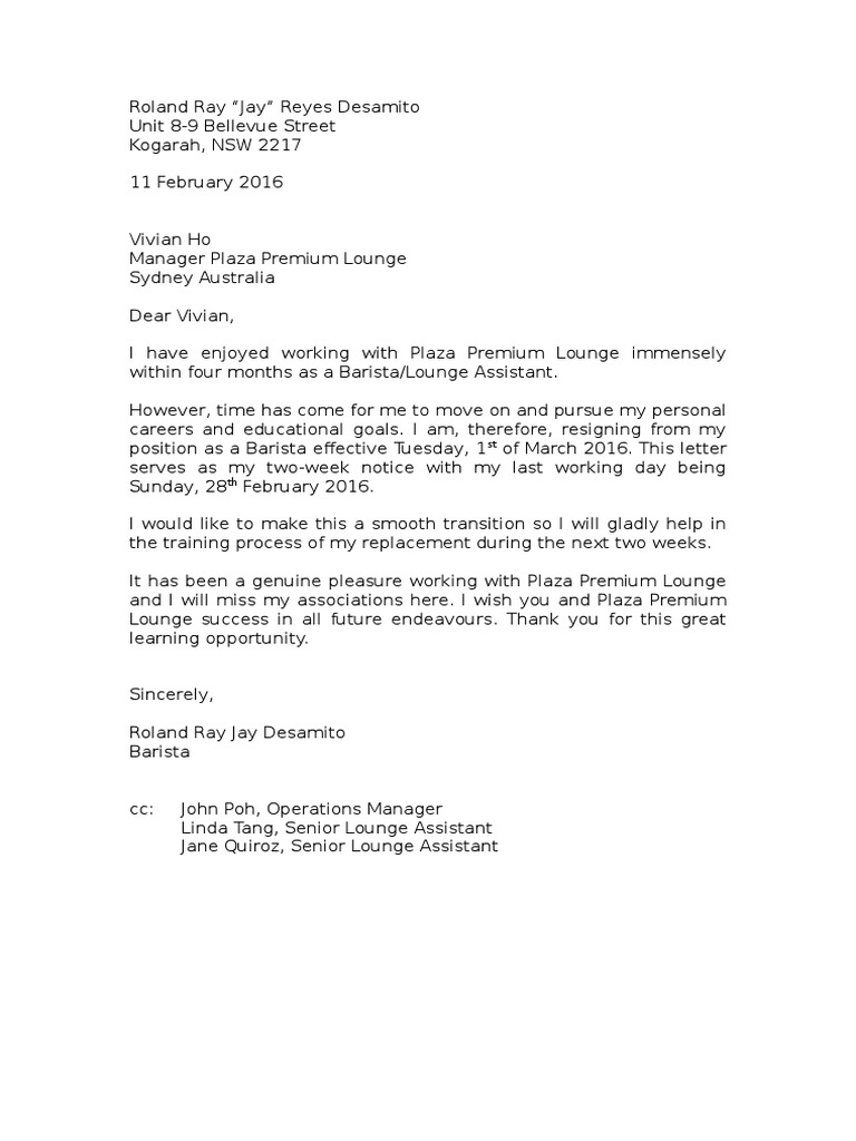 Barista Resignation Letter Template | PDF