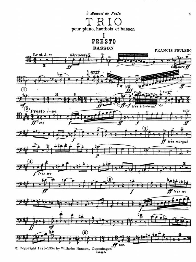Trio for Piano, Oboe and Bassoon Poulenc (Bassoon part)