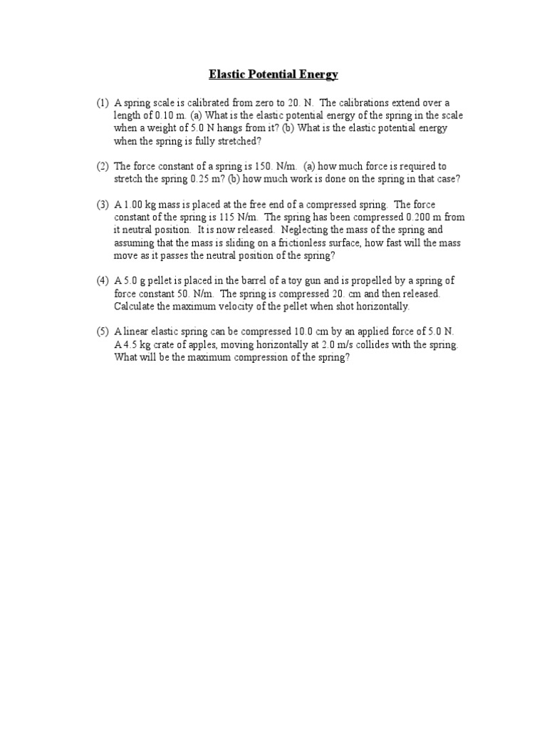 Elastic Potential Energy Worksheet | PDF